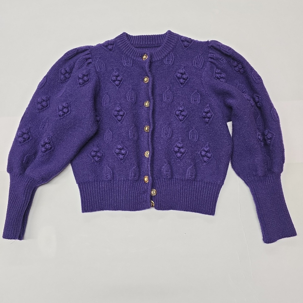 Vintage Purple Bobble Knit Puff Sleeve Cardigan Gold Accent Buttons Sweater